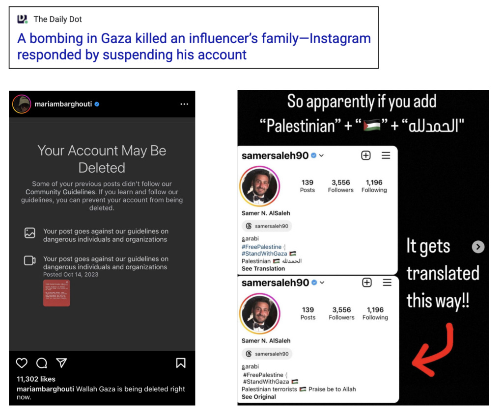 A few examples of account suspension, deletion, and bio mistranslation on Instagram