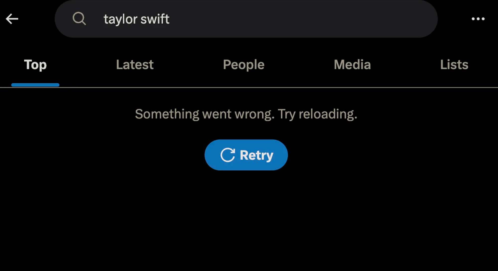 Image of a screenshot from the X, or Twitter, search bar. "Taylor Swift" is in the search bar. The results say "Something went wrong. Try reloading."