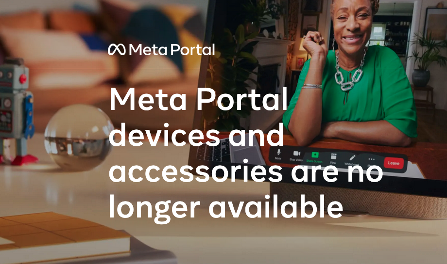 Screenshot of the Meta Portal website. Text reads "Meta Portal devices and accessories are no longer available"
