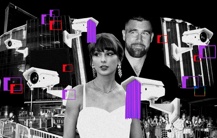 A photo illustration showing Taylor Swift and Travis Kelce surrounded by clipart of CCTV cameras and curtains.