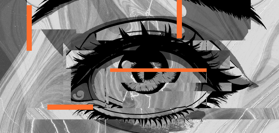 A greyscale image of an eye in a graphic style, overlaid with orange lines