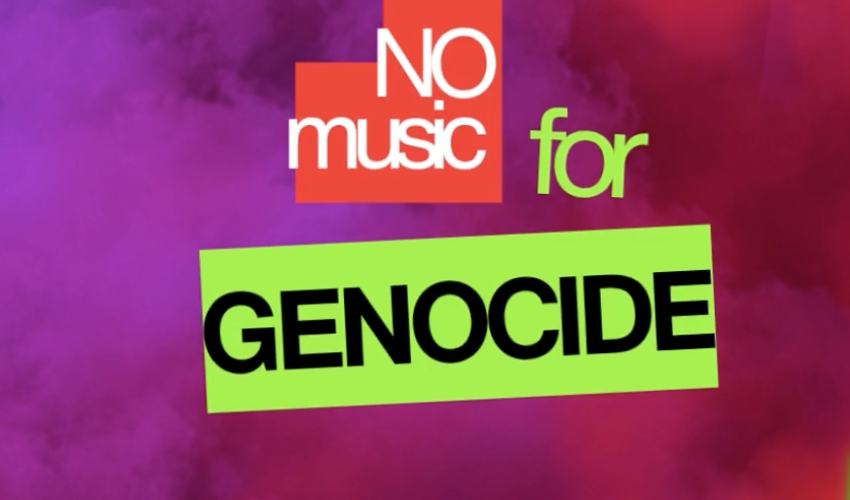This graphic reads No Music For Genocide in a collage-like text, with a smoky dark magenta and red background