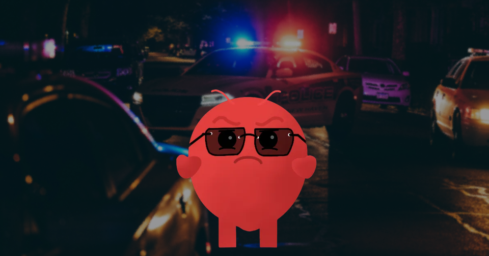 The OpenClaw crab mascot wearing police aviator glasses and looking PISSED. He's standing in front of a bunch of cop cars with their lights flashing.
