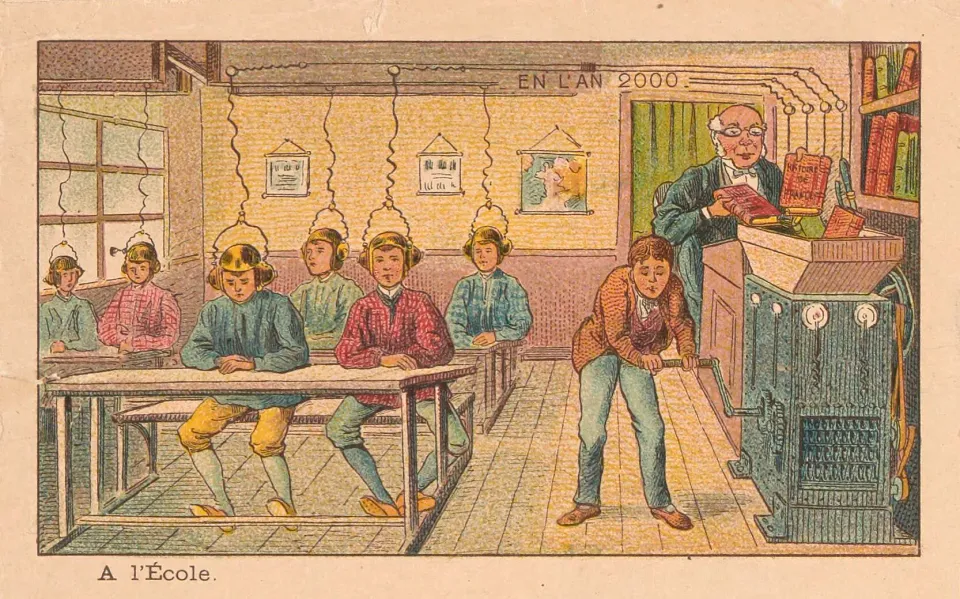 A drawing created in 1900, depicting a steampunk-style classroom in the year 2000. 
