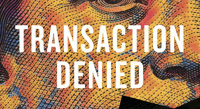 A portion of the book cover that includes the title, Transaction Denied (white text), over a stylized portion of a face like on a dollar bill. The colors are warm like the sunset.